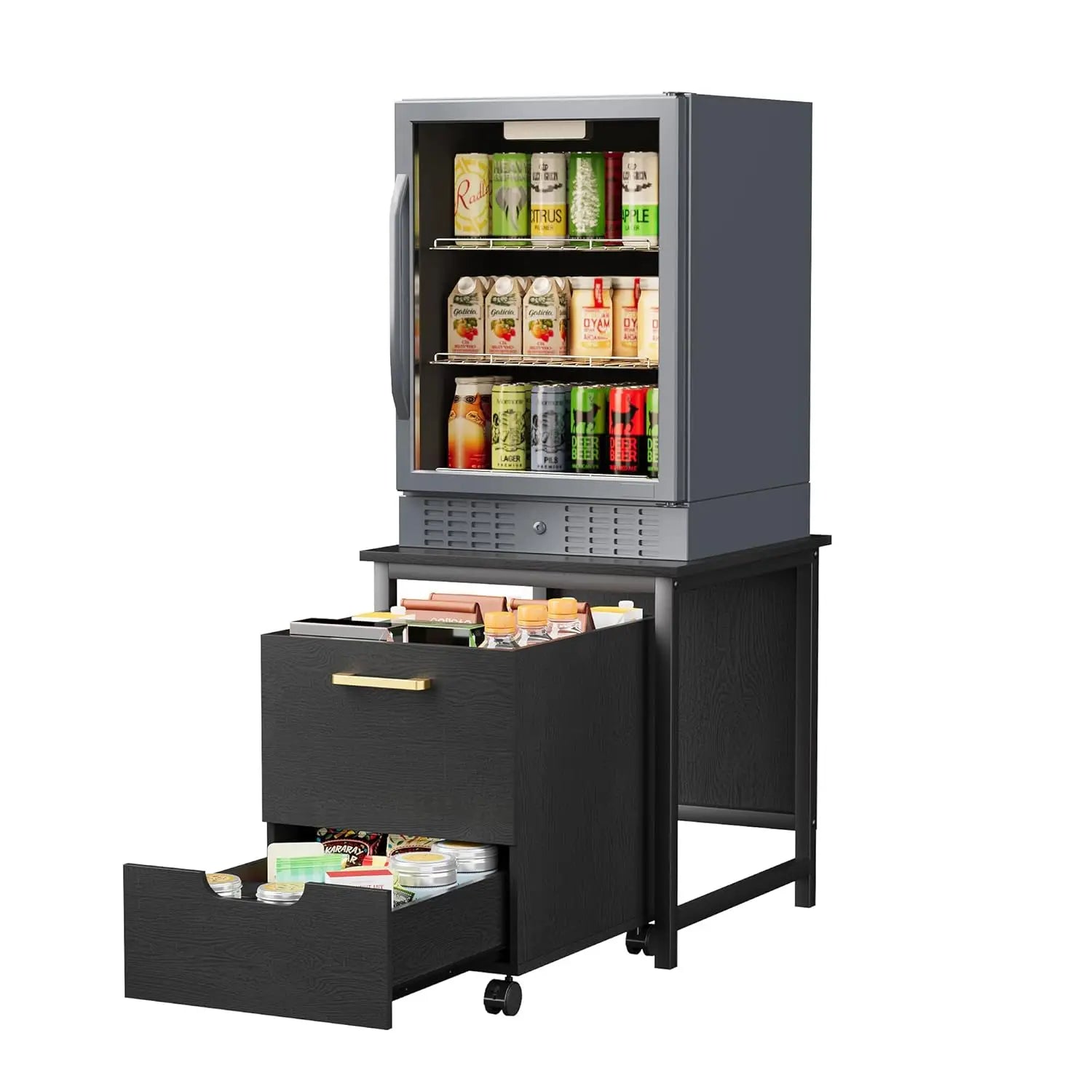 Mini Fridge Stand Freestanding Cabinet With Lockable Wheels