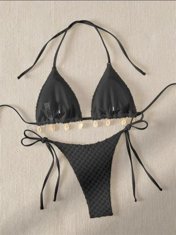 Sexy Bikini Set White Shell Designer Swimsuit 2025 New Halter Push Up Micro Bikinis Summer Bathing Suit Tie Side Thong Swimwear