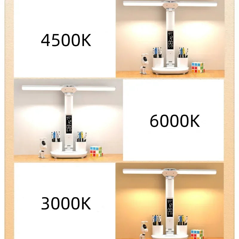 Double-Headed LED Table Lamp Dimmable Desk Lamp with Calendar Clock Foldable Eye Protection Reading Night Light