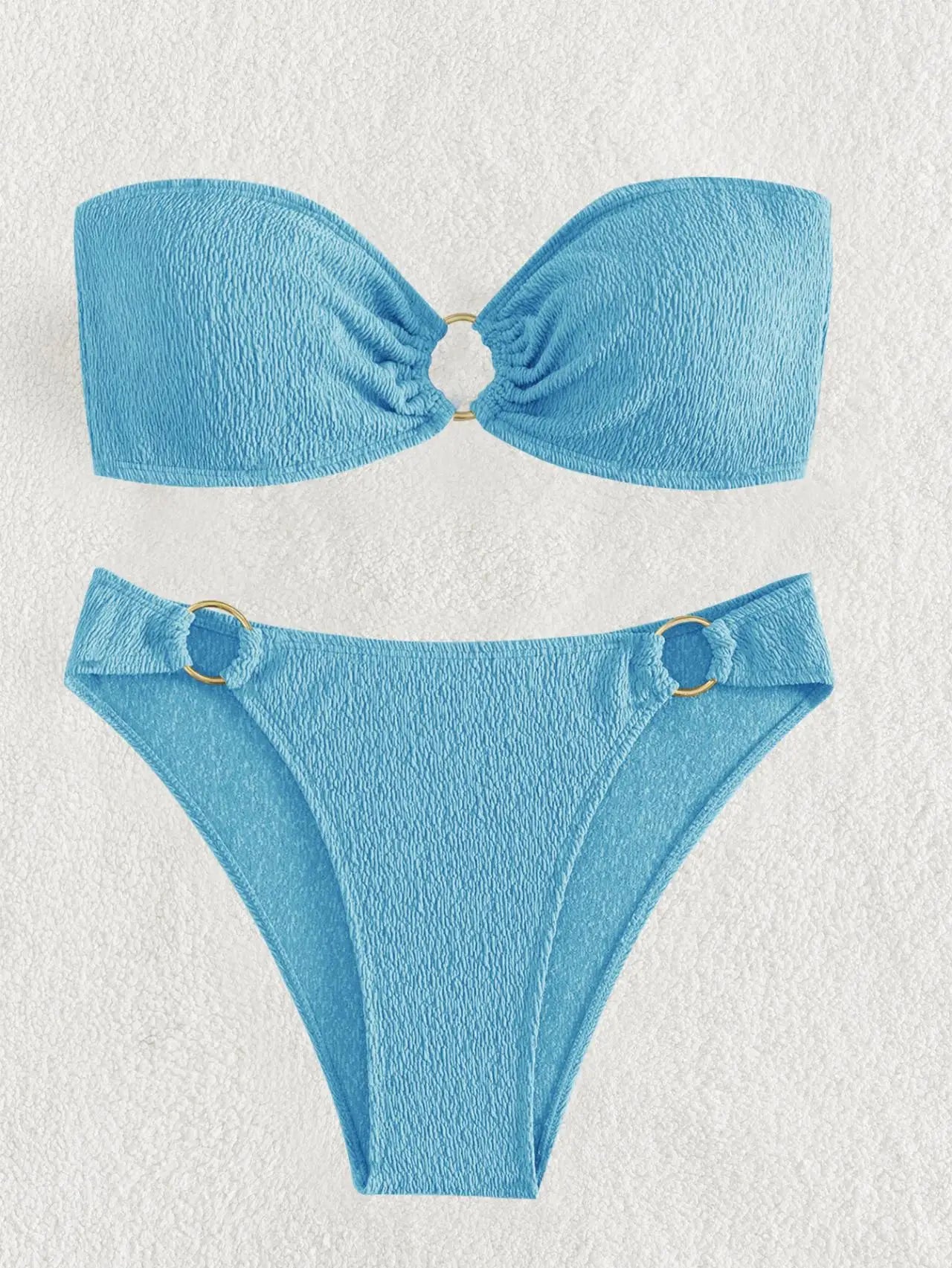 Sexy Bandeau Bikinis Sets Women Metal Ring Linked Push Up Micro Swimsuit 2025 Solid Bathing Suit Thong Swimwear Trajes De Baño