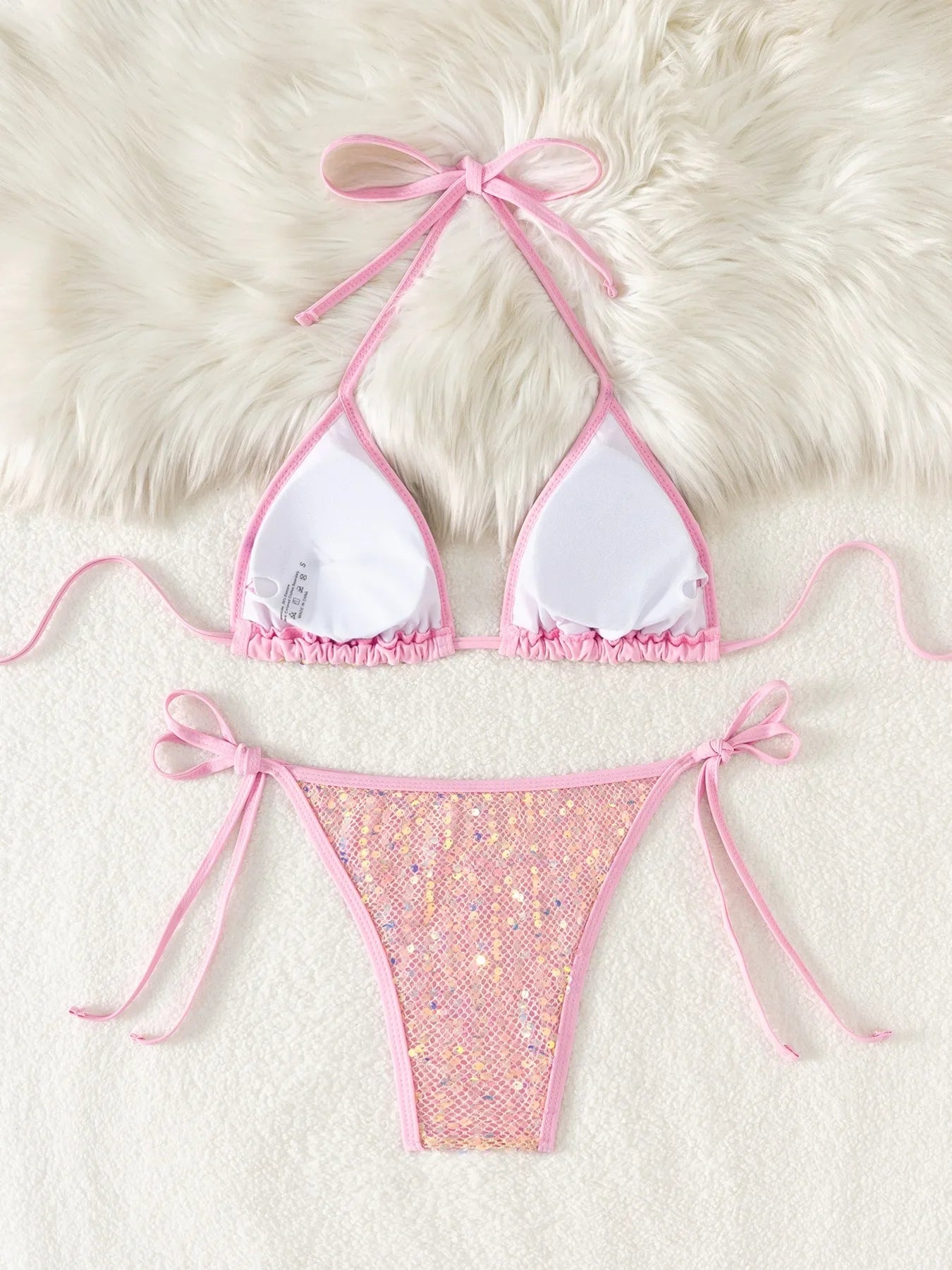 Shiny Sequin Pink Black Bikini Women Sexy Mesh Push Up Bra Tie Side Thong Swimsuit 2026 Brazilian Beach  Bathing Suit Swimwear
