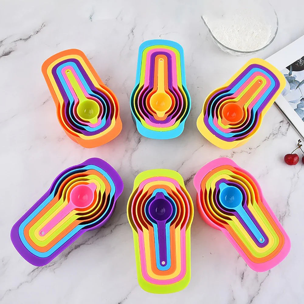 Rainbow Measuring Cup Set | Colored Plastic Flour Measuring Spoon Set for Baking