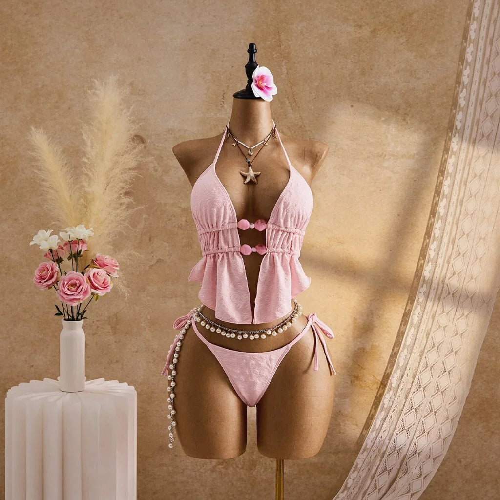 Sexy Thong Bikini 2026 Mujer Women Pink Pearls Hollow Out Pleate Ruffles Push Up Swimsuit Beach Bathing Suit Holiday Swimwear