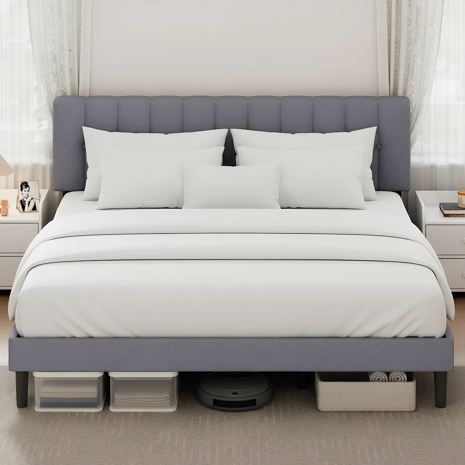 JHK Wooden Upholstered Platform Bed With Adjustable Headboard