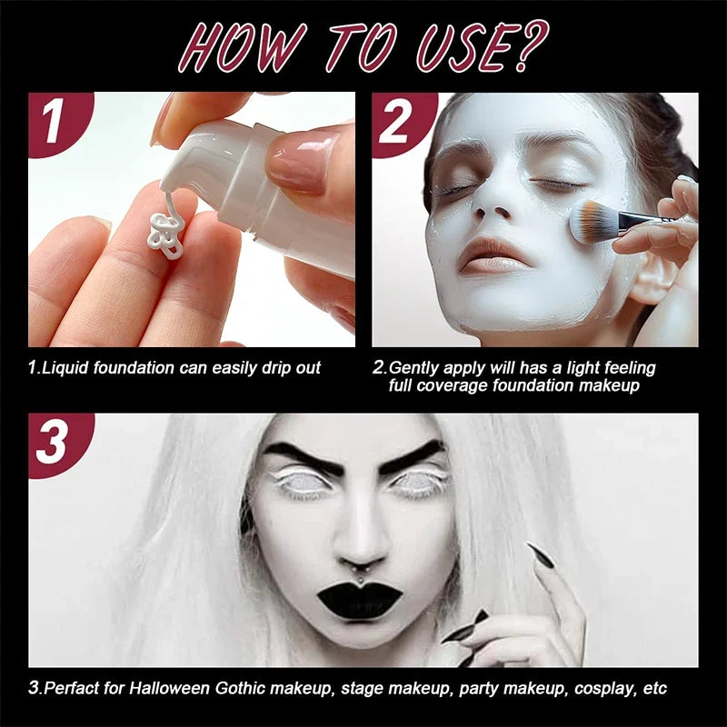 White Liquid Foundation, Full Coverage Heavy Duty Coverage, Creamy Liquid Formula for Goth Makeup, Cosplay, Long-Lasting Matte
