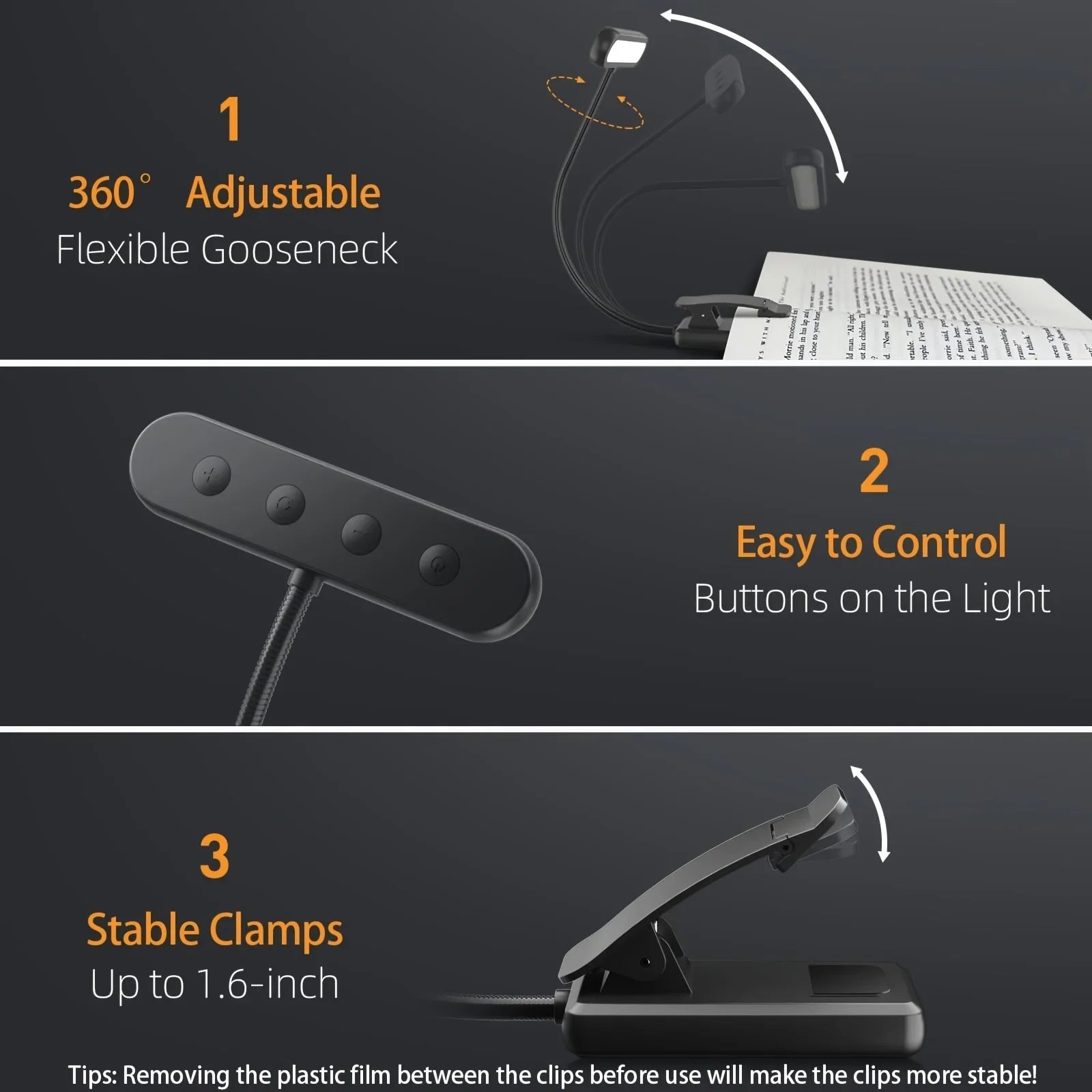 1 pcs USB Rechargeable Book Light 3 Color Adjustable LED Reading Lamp with Clamp Eye-Care Night Light for Bed, Study Desk