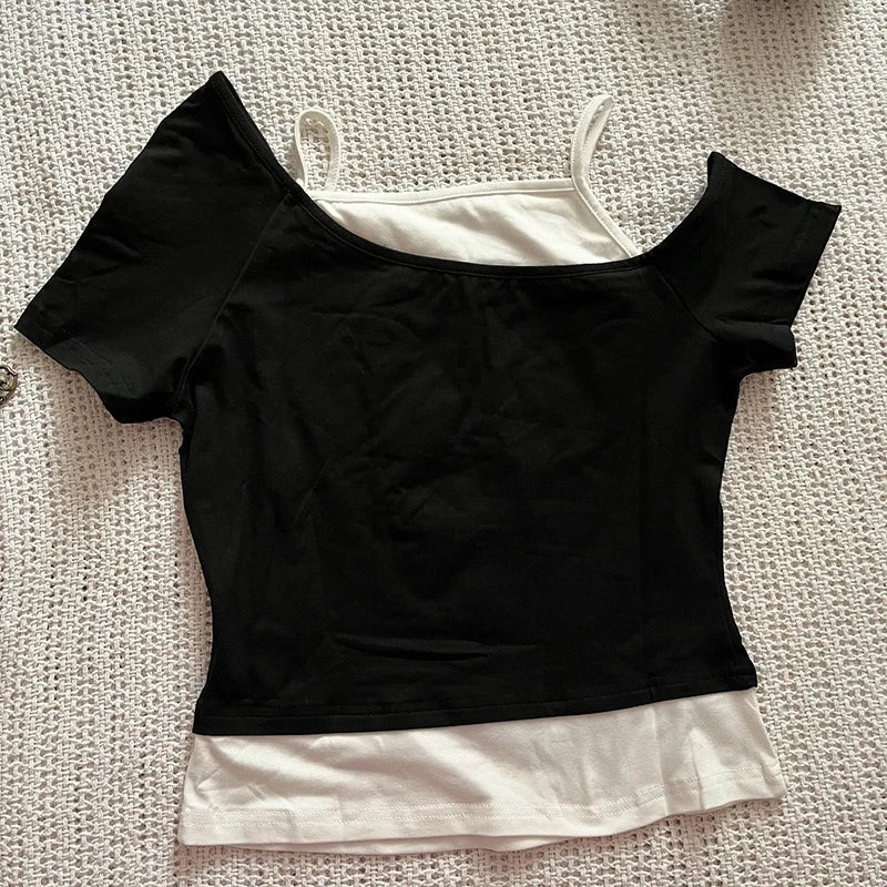 Asthetische Goth Fledermaus Brief Y2K Stil zweitelige T-Shirt Kurzarm Weste Harajuku Streetwear Hosentrger Frauen Kleidung Shirt