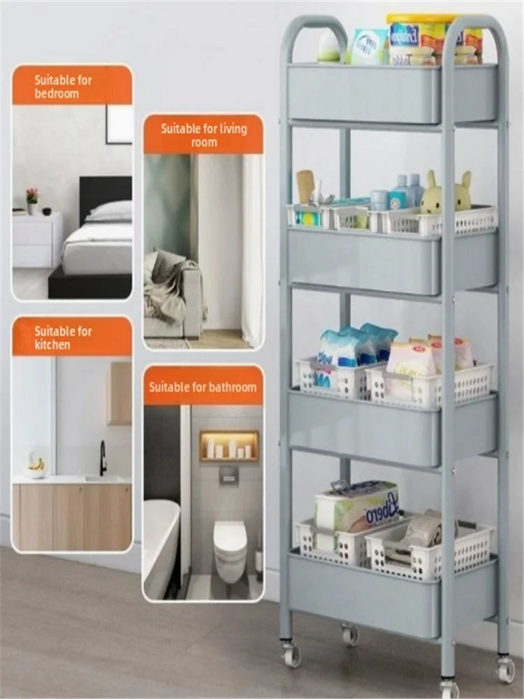 Trolley with Handlebar and Storage Rack, Floor-Standing, Multi-Layer Storage for Kitchen, Bathroom, Snacks, and Toiletries