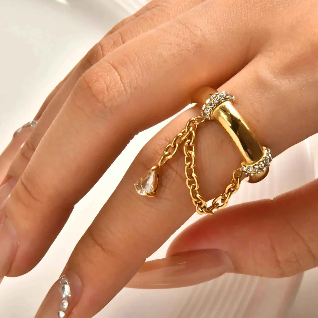 Stainless Steel 18k Gold Plated Tassel Drop Zircon Pendant Cz Stone Rings