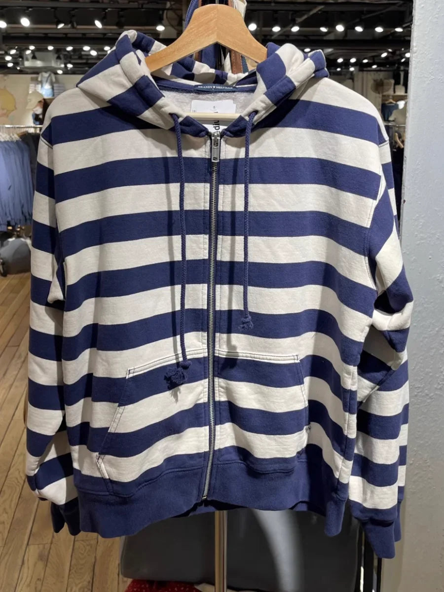 Stripes Vintage Zip-up Hoodie Woman Drawstring Hooded Long Sleeve Cotton Coat Casual Preppy Style Sweet Cute Hoodies Top Clothes