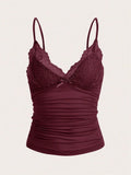 Sexy Contrast Lace Bow Front Crop Cami Top Women 2024 Summer Grunge Punk Y2K Clothes Ruched Skinny Backless Tee Shirt
