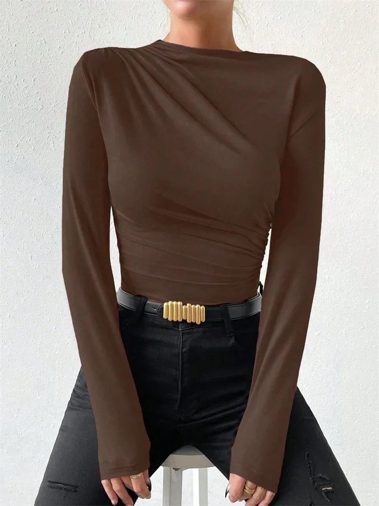 Casual Pleated Mock Neck Long Sleeve T-shirt for Women Autumn Winter Spring Solid Color Ruched Skinny Slim Fit Blouse Top Tshirt