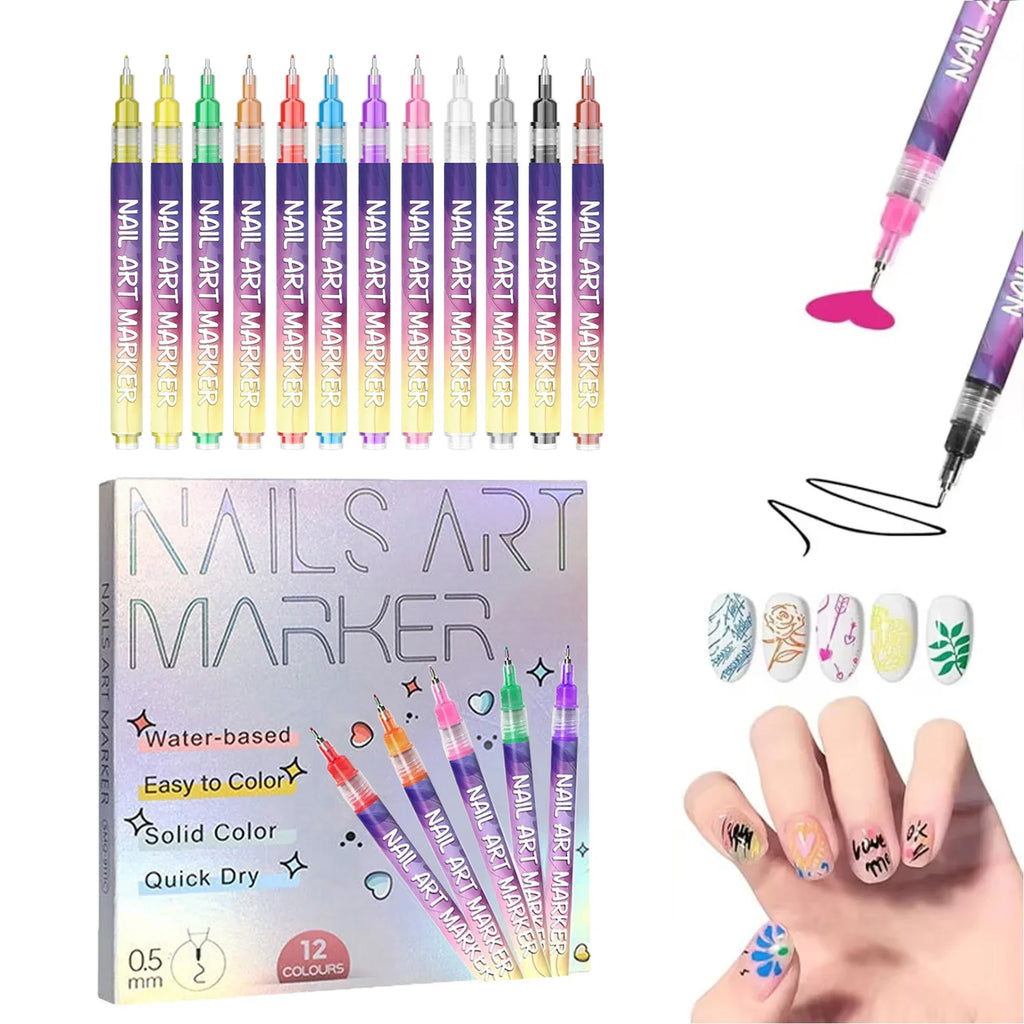 12pcs/Set Nail Art Graffiti Pen DIY Nail Art Painting Pens Abstract Lines Fine Design Multi-Color Drawing Nail Painting Tools