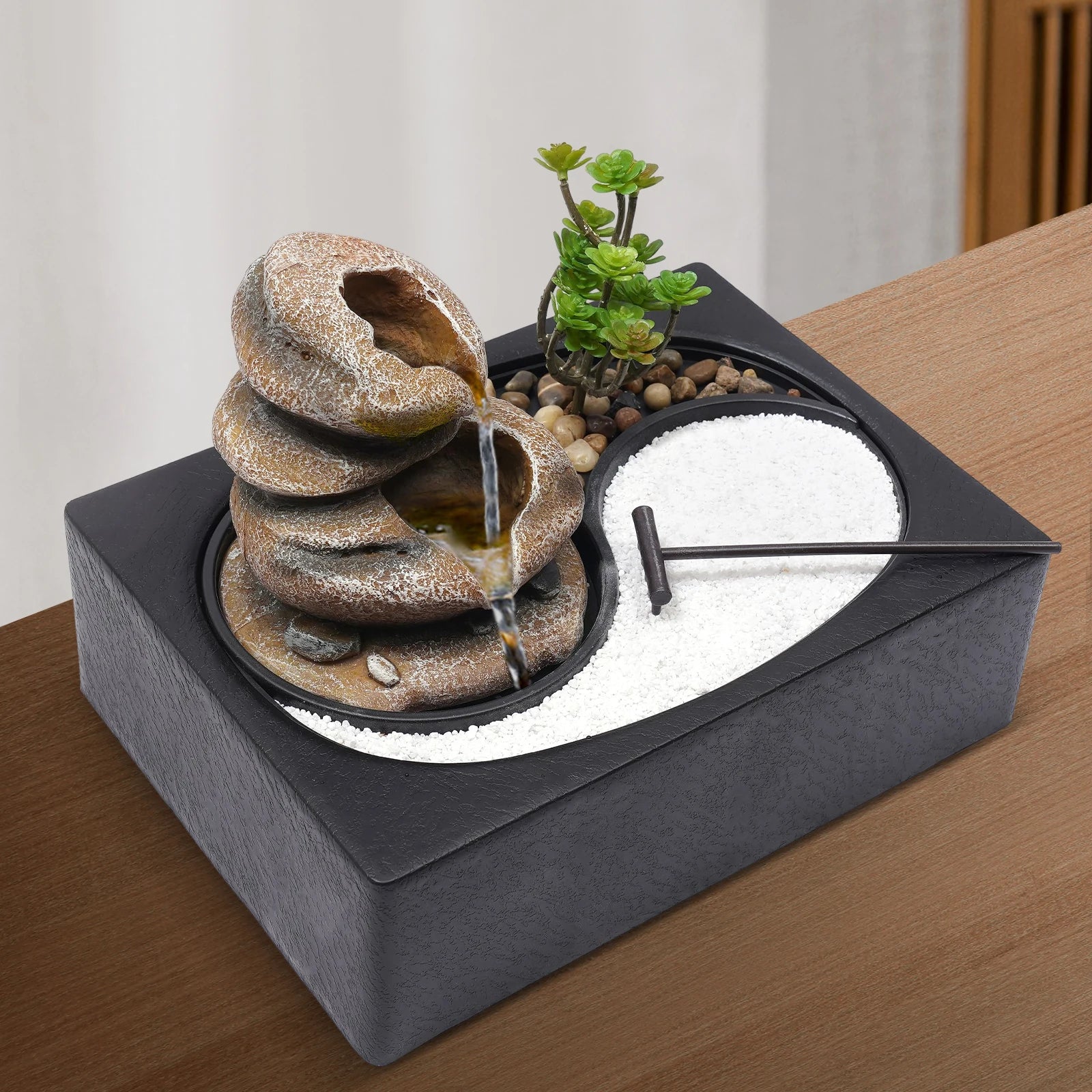 Bymaocar Tabletop Resin Rock Water Fountain With LED Light Indoor Decor