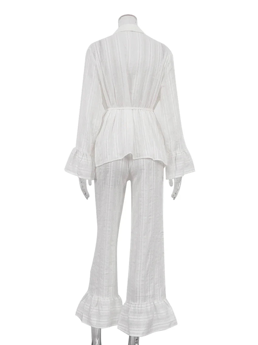 Marthaqiqiq Casual Women Nightgown 2 Piece Suit Long Sleeve Nightwear Turn-Down Collar Sleepwear Pants Loose Home Clothes Ladies
