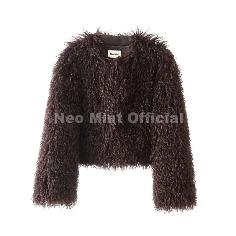 Neo Mint Chic Street Girls Round Neck Faux Mongolia Sheep Fur Coat Women 2025 Winter Fluffy Warm Fur Jacket Cropped Outerwear