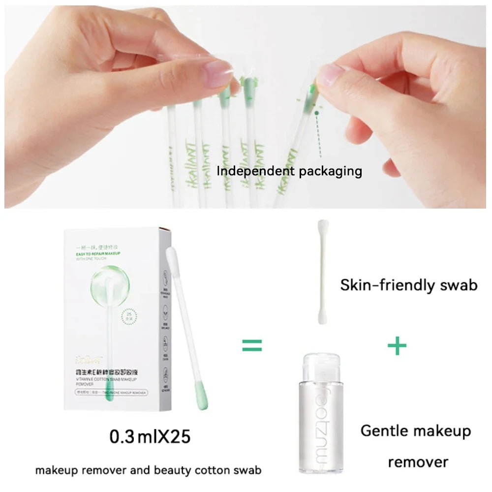 ikAllANT Makeup Remover Cotton Swabs - 25 pieces-Pre-soaked with Cleansing Liquid, Foldable for Instant Use, Beauty Cleaning,