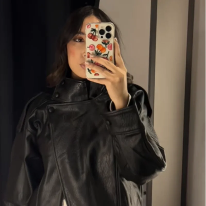 Women's Autumn Fashion Standing Collar Leather Jackets Windproof Loose Fold Coats Vintage Style High Street Outdoors Clothes