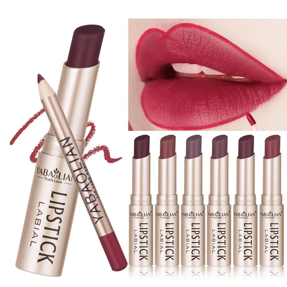 Professional 2PCS Lip Liner Lipstick Set Matte Finish High Pigment Long Lasting Waterproof Sweatproof Cosmetic Beauty Kit