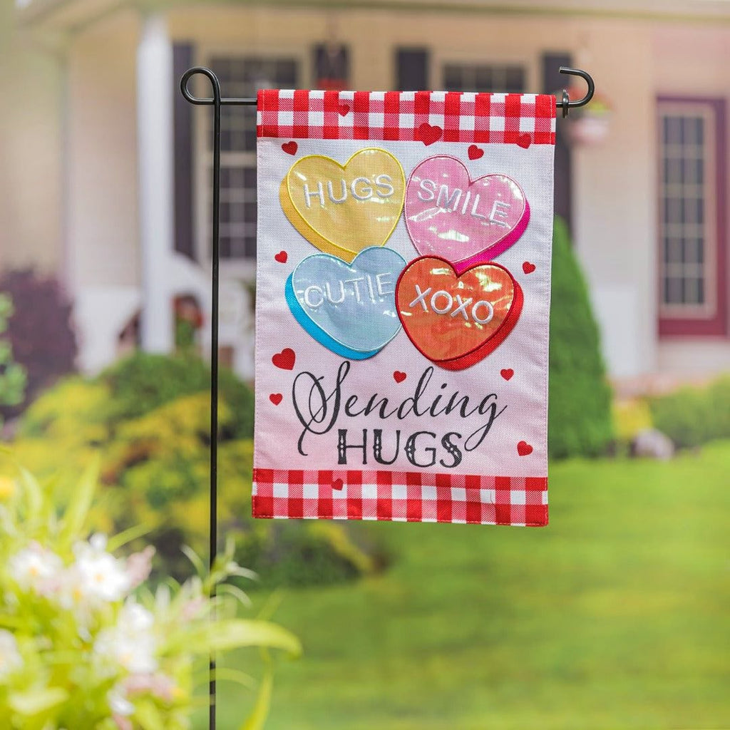 Sending Hugs Valentine Garden Flag 2 Sided Burlap