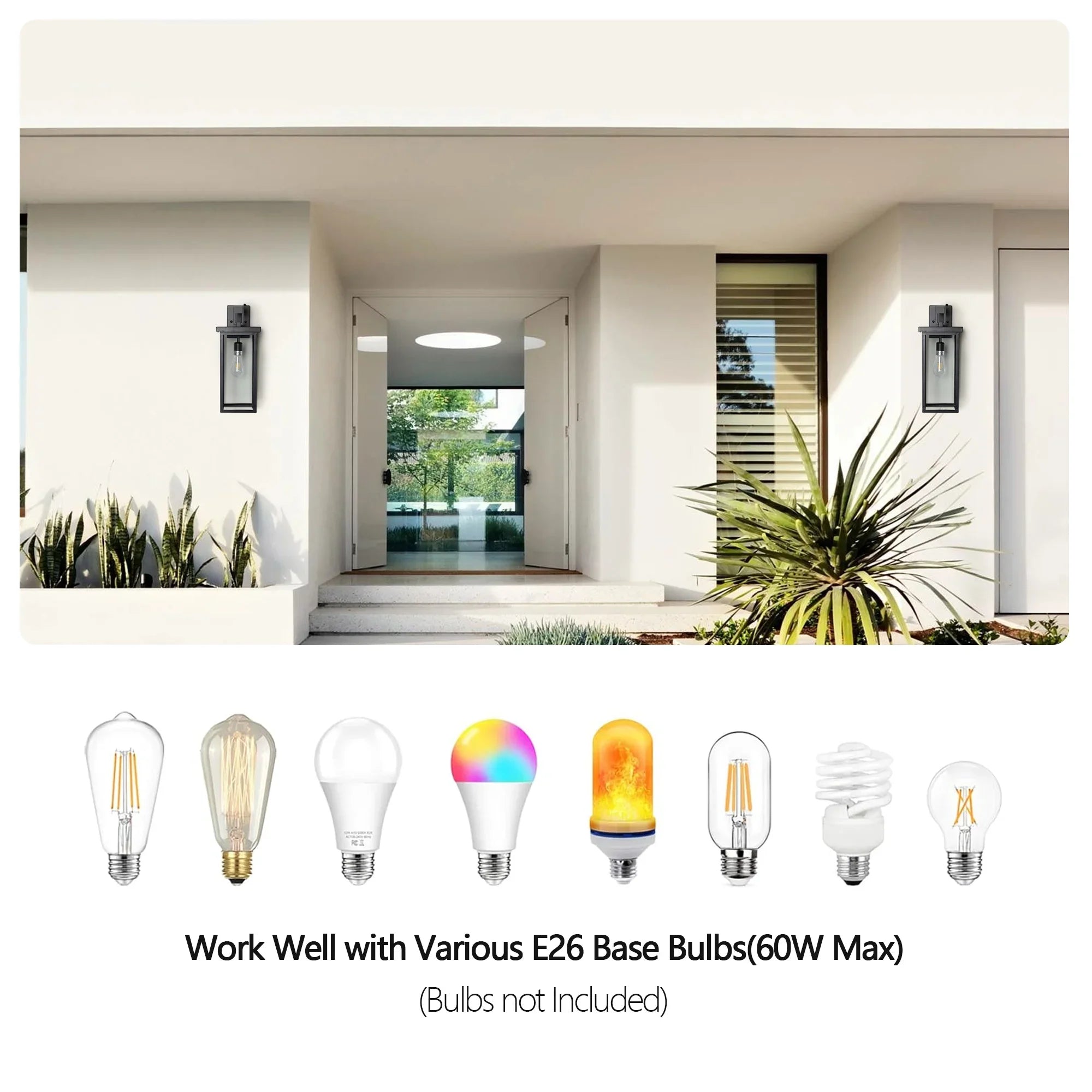 Outdoor Wall Lanterns (2-Pack) – Black Aluminum Frame, Clear Glass & Auto Dusk-to-Dawn Sensor | Weatherproof Wall Sconces