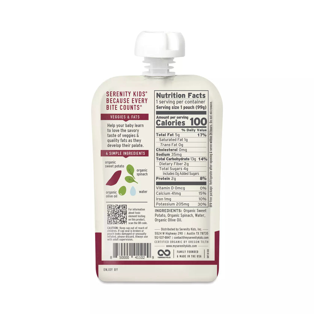Serenity Kids Spinach & Sweet Potato Puree Pouch, 3.5 oz, Pack of 6
