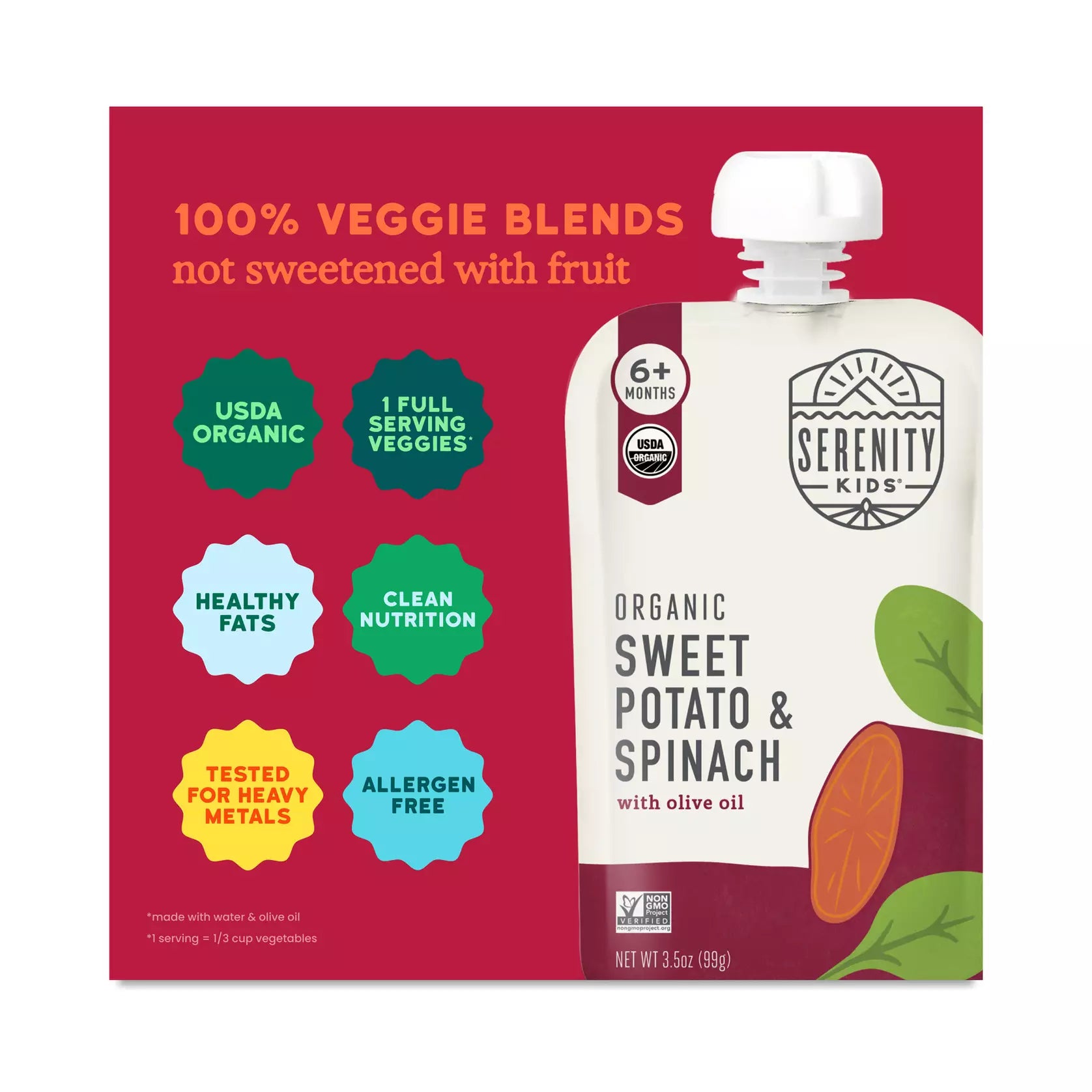 Serenity Kids Spinach & Sweet Potato Puree Pouch, 3.5 oz, Pack of 6
