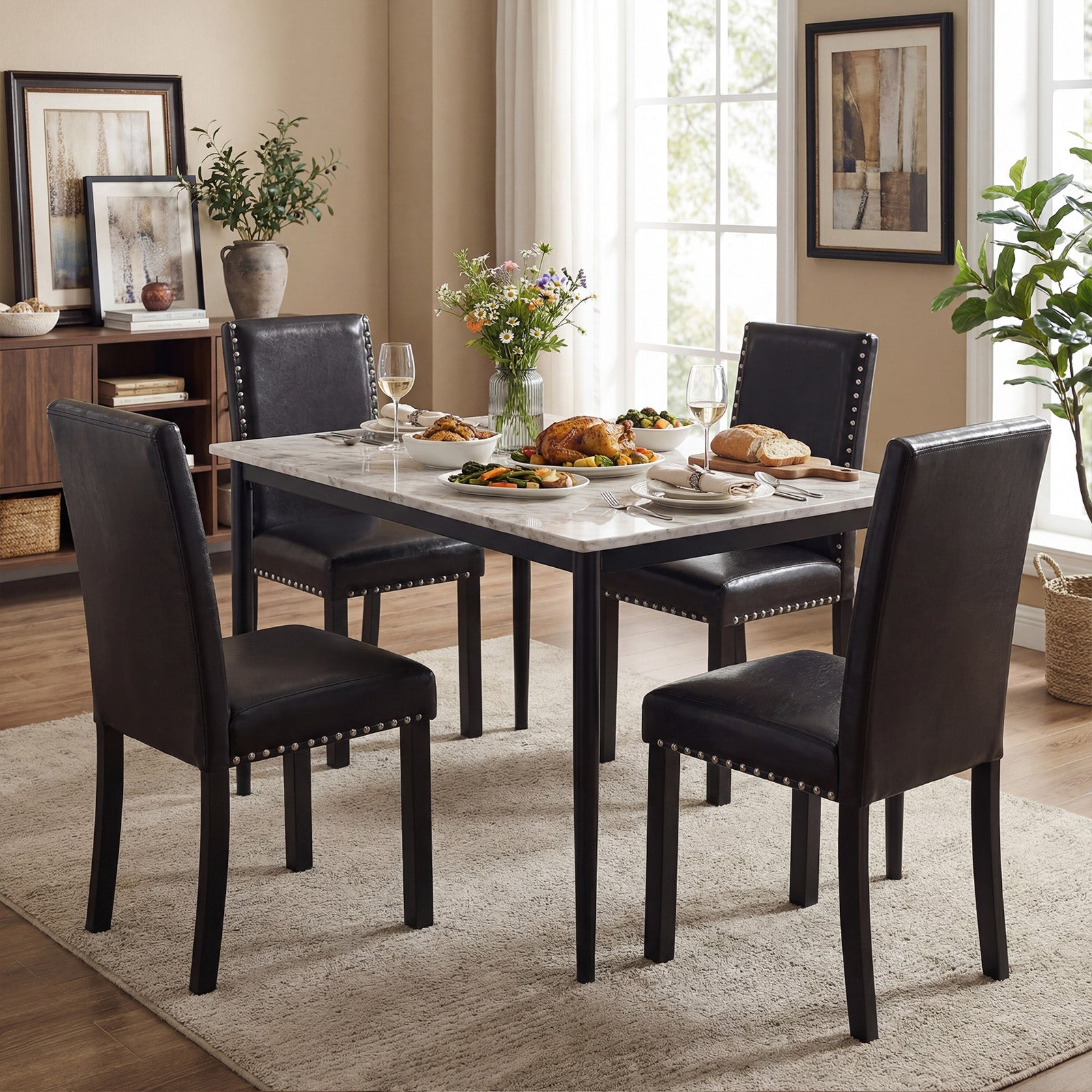 Set of 2/4 Dining Chairs Faux Leather Upholstered Parsons Kitchen Chairs
