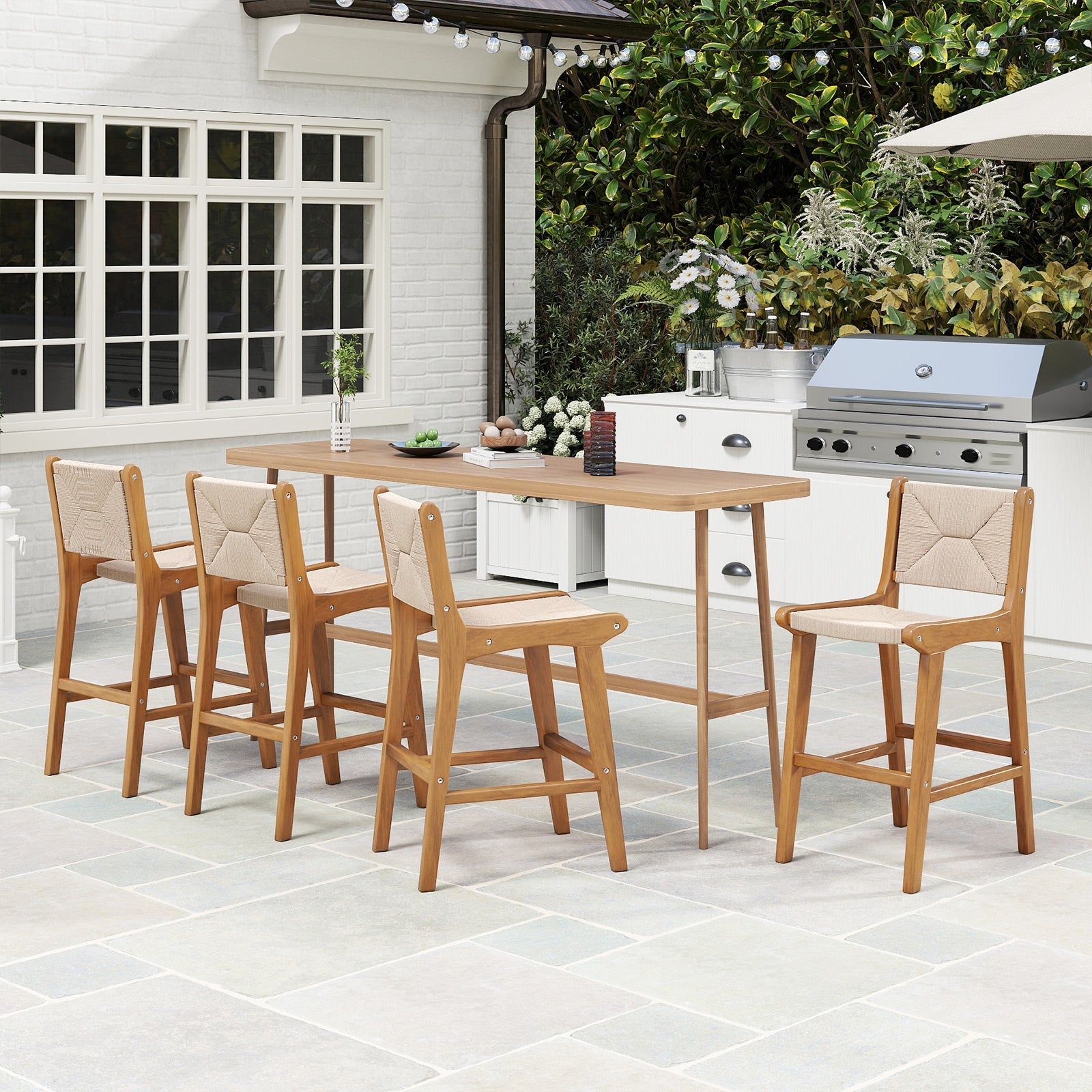 Set of 2 Outdoor Counter Height Bar Stool Woven Paper Rope Patio Barstool with Teak Wood Frame