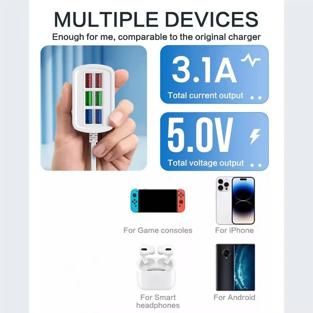 Elough 6 USB Charger Power Strip Desktop Fast Charging EU/US Plug Wall Phone Charger Adapter Electric Socket HUB Splitter 1M