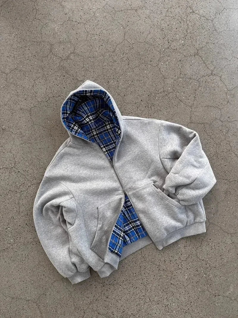 Korean Fashion Simple Gray Double Sided Oversized Zipper Hoodie Women Y2K New Harajuku Gothic Casual Joker Couple Sweatshirt