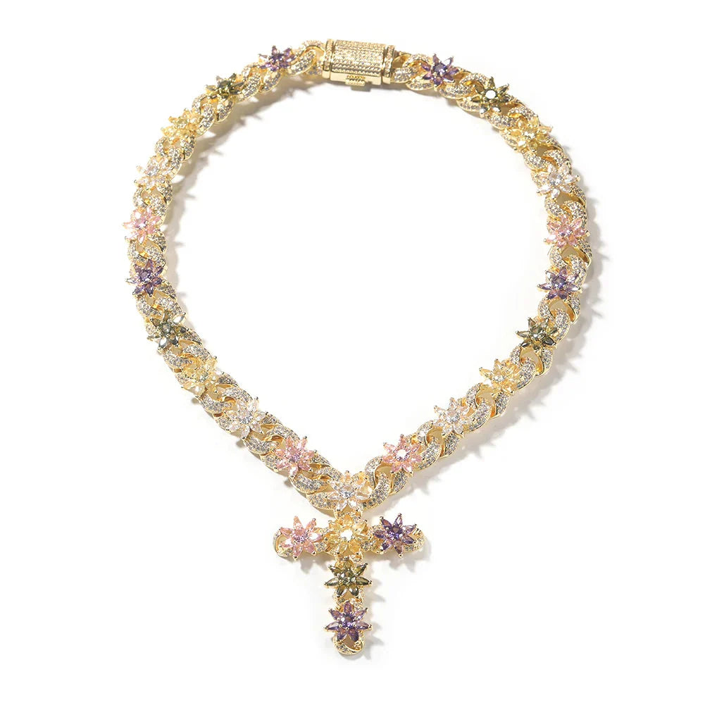 Colorful Flower Cuban Cross Chain