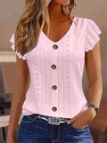 2025 Spring/Summer new women's fashion stylish commute casual solid color multi-color ruffle sleeve V-neck T-shirt