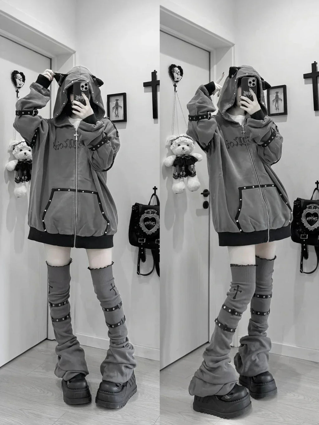 Streetwear Harajuku Hoodies Jackets Women's Clothing Hooded Punk Zipper Coat Japanese Rivet Print Vintage Casual Y2k Sweatshirts