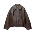 Vintage PU Leather Bomber Jackets 2025 Autumn New Ladies Zipper Lapel Long Sleeve Pocket Coat With Belt Women's Loose Streetwear