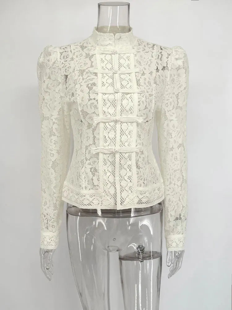 Tossy Summer Lace Printed Shirts Tops Female Hollow Out Fashion Commute Vintage See-Through Blouse Women's Lace Shrug Shirts New