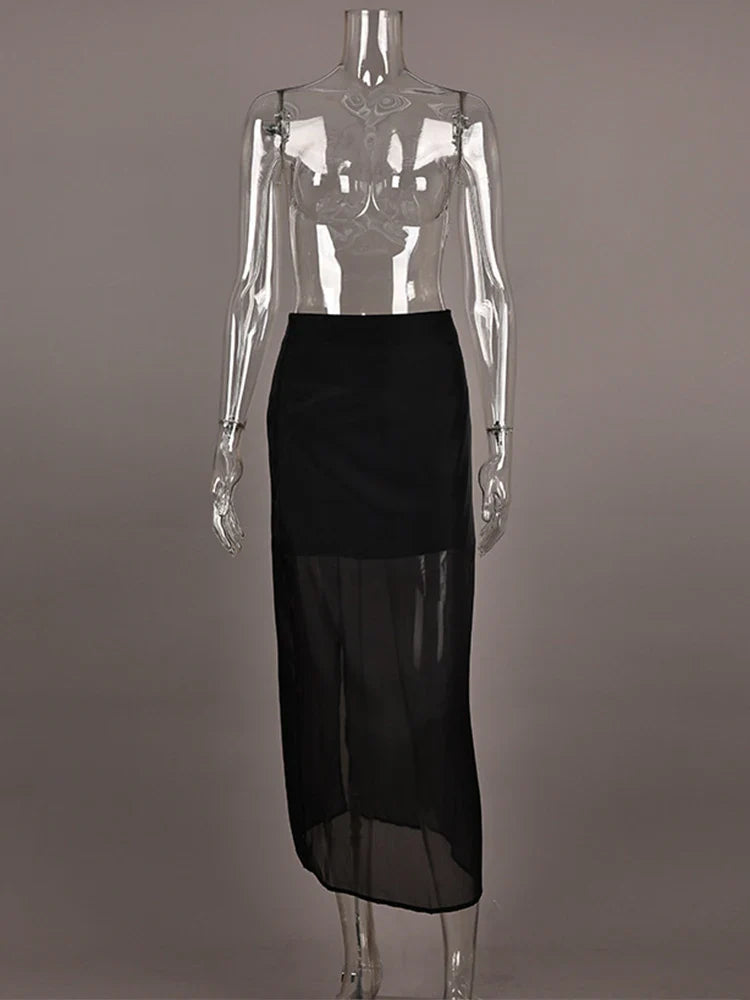 Trendix See Through Mesh Patchwork Skirts Women Fashion High Waist Casual Commuting Streetwear 2025 Vacation Party Elegant Skirt