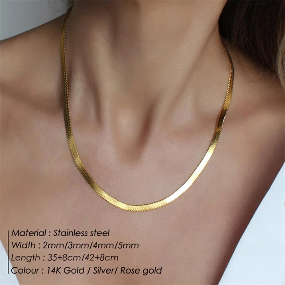 316L Stainless Steel Snake Chain Necklace for Women — Herringbone Choker in Gold, Silver, Rose Gold