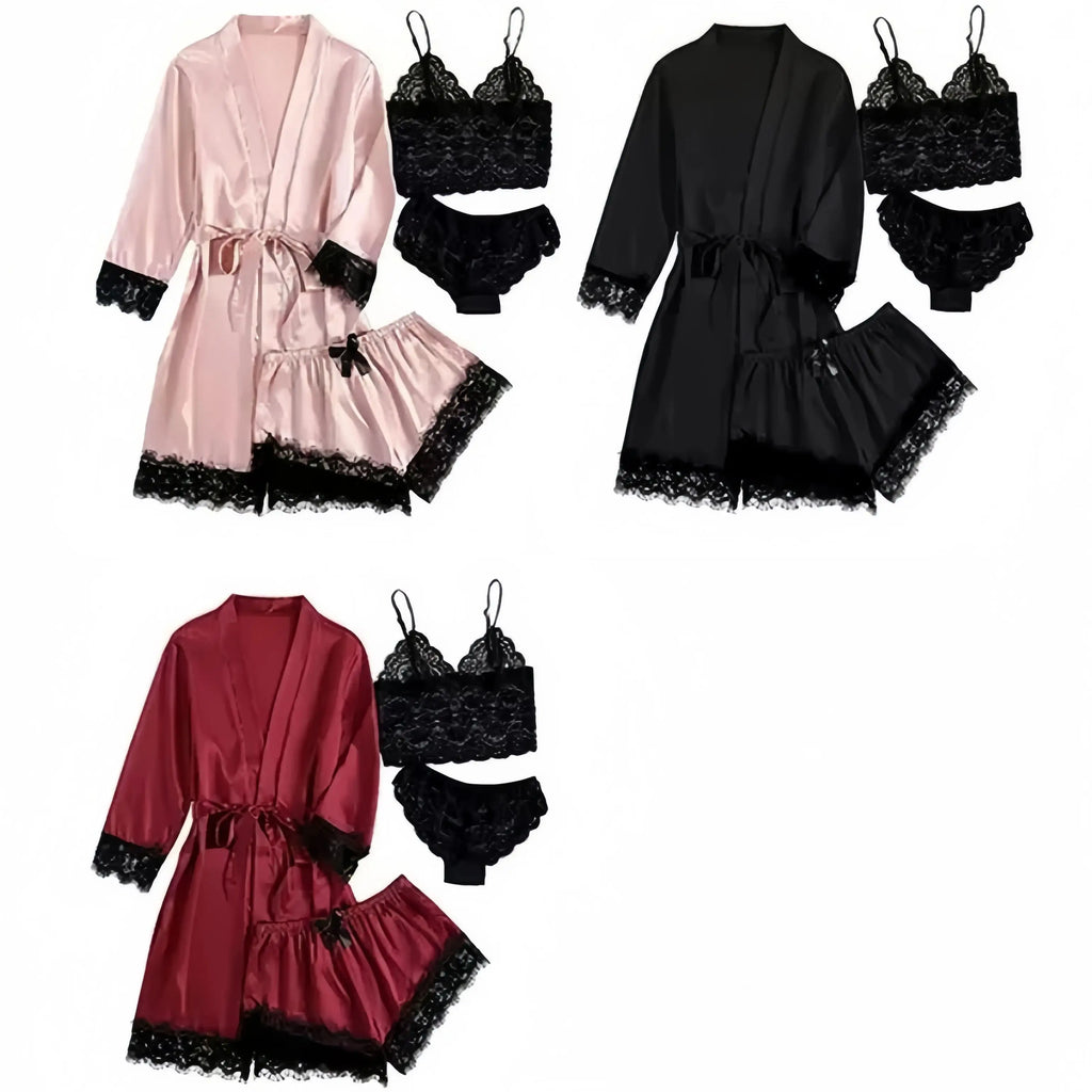 Women's Sexy Satin Lace 3PCS Sleepwear – Robe in Wine Red, Black & Pink for Romantic Look & Home Use