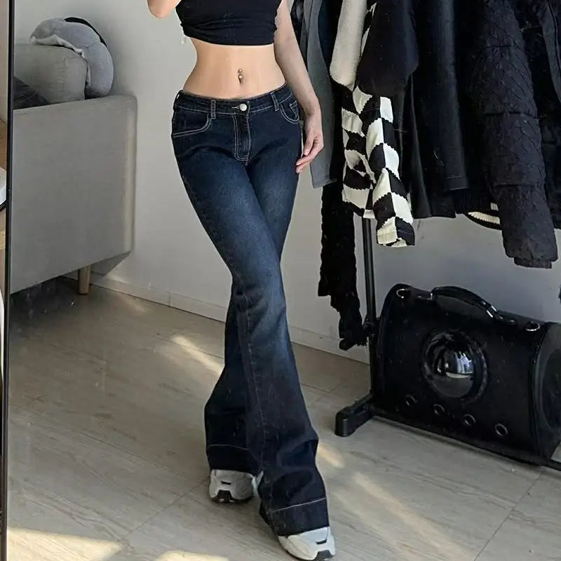 New y2k Flare Jeans Vintage Low Waisted Cute Trousers Aesthetic Streetwear Casual Cargo Pants Women Korean Distressed Jean