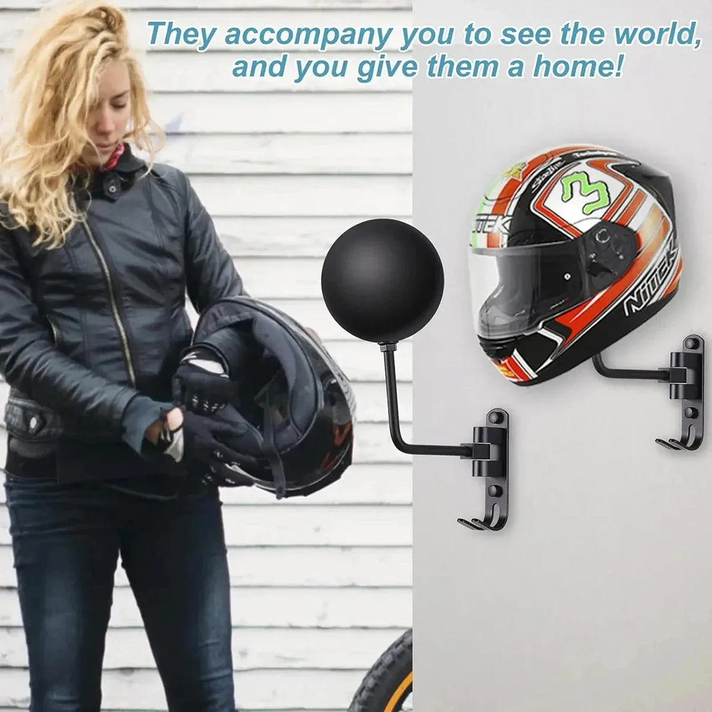 Wall Mount Motorcycle Helmet Holder 180°Rotation Football Bicycle Helmet Rack Helmet Display Hanger Stand for Caps With 2 Hooks