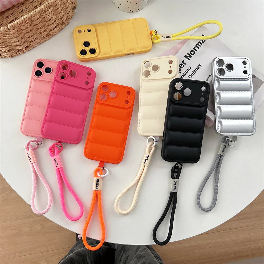 Soft Down Jacket Silicone Case For iPhone 17 16 15 14 13 12 11 Pro Max Plus Air Shockproof Camera Protection Wrist Strap Cover