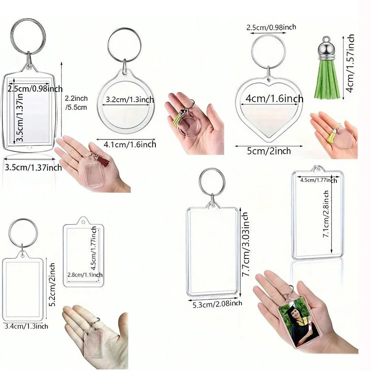 10pcs Transparent Photo Frame Keychain Tassels Snap-In Custom Insert Photo Acrylic Blank Keyring Clear Blank Picture Pendant