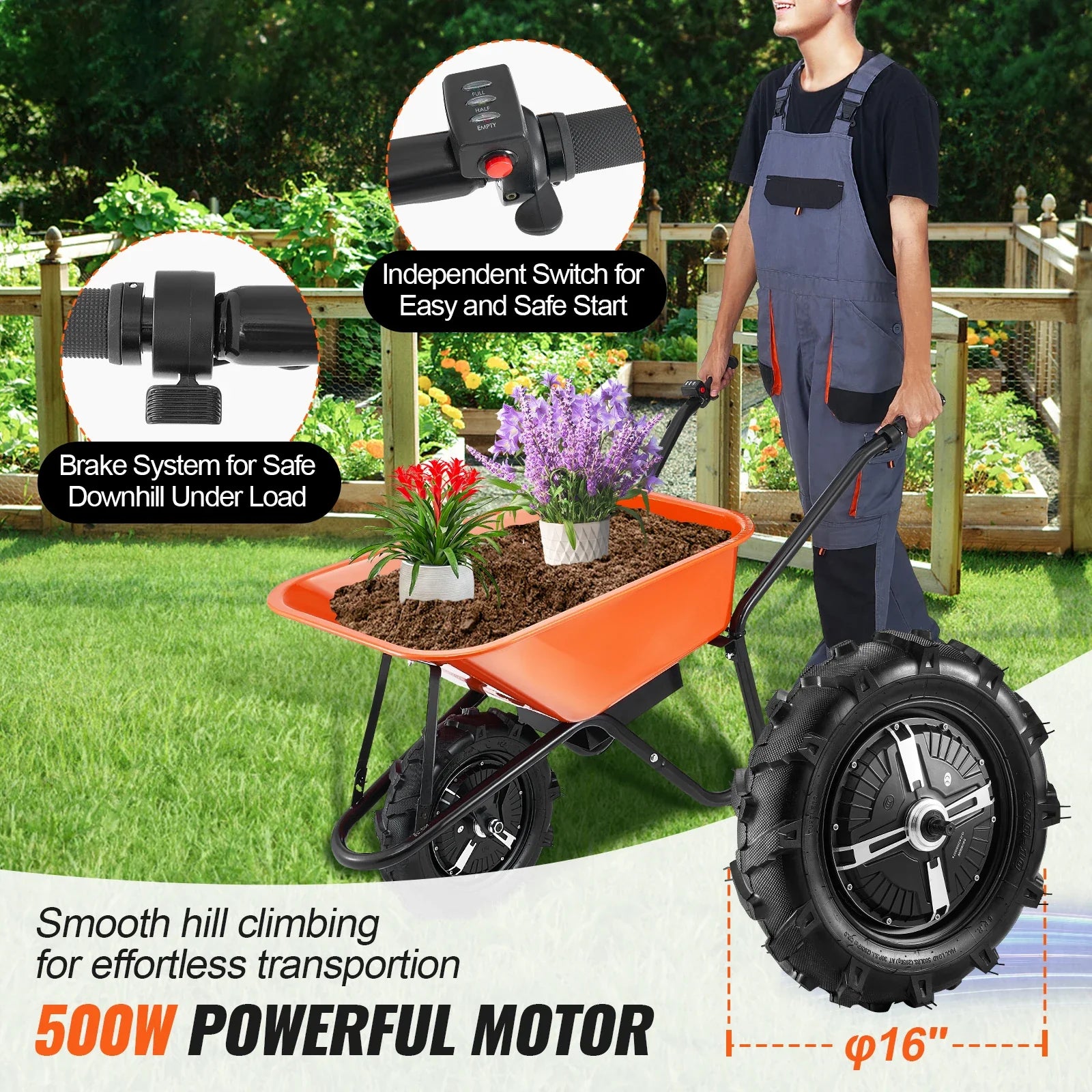 SucceBuy 500W Electric Wheelbarrow Cart For Garden Utility Dump Cart