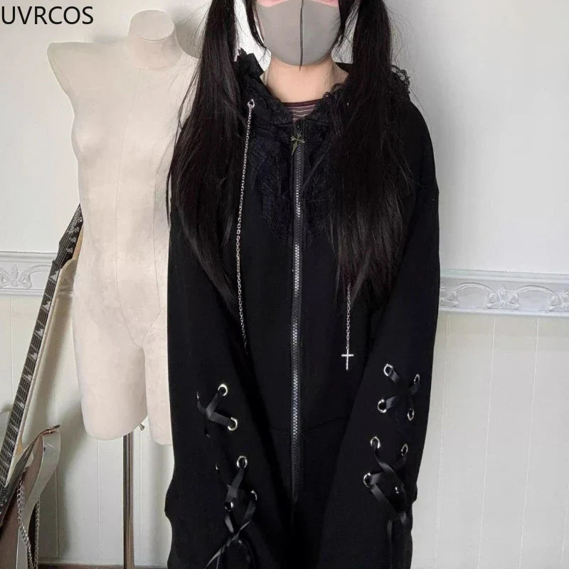Japanese Kawaii Cat Ears Hooded Hoodies Women Y2k Aesthetic Grunge Casual Bandage Zipper Sweatshirt Fashion Trend Sportswear Top
