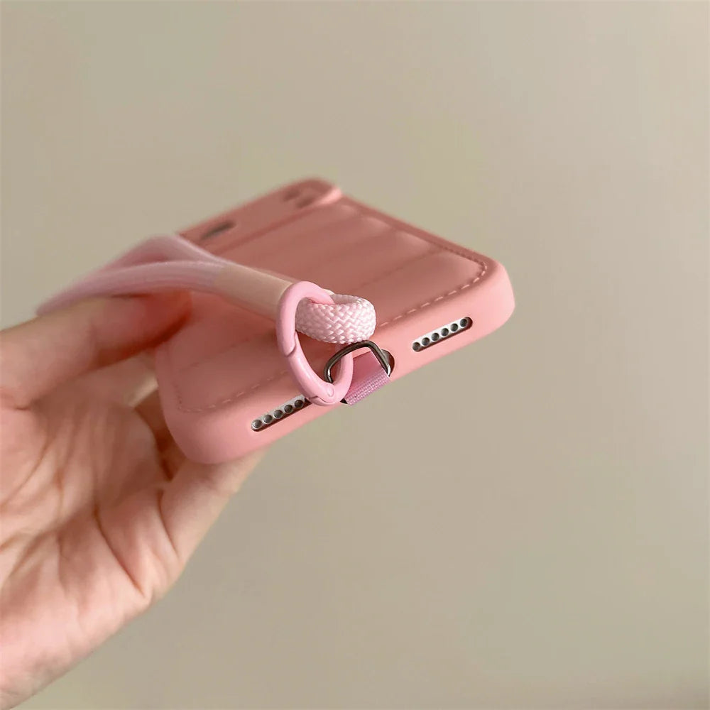 Soft Down Jacket Silicone Case For iPhone 17 16 15 14 13 12 11 Pro Max Plus Air Shockproof Camera Protection Wrist Strap Cover