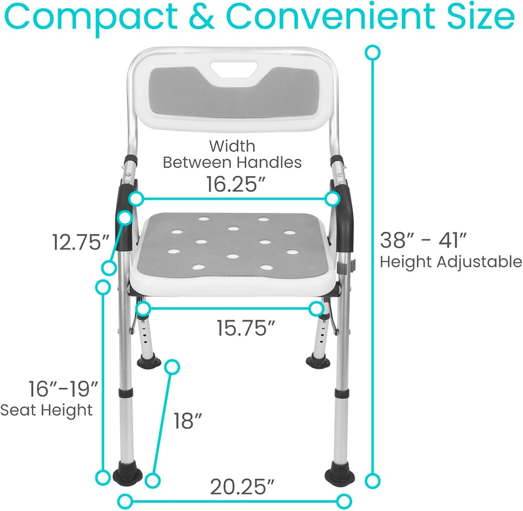Shower Chair For Elderly And Disabled - Folding Seat With Arms And Back - Foldable Bathroom Chairs For Sitting, Inside Shower - Portable For Travel - Fold Down, Collapsible, Compact & Comfortable