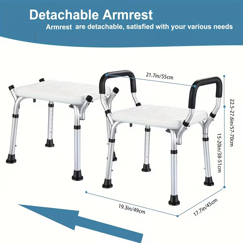 Shower Chair with Armrests, Shower Stool Height Adjustable, Bath Stool Maximum Load 330.69LB with Non-Slip Foot Pads, Bath Chair for Seniors, Pregnant Women, Disabled Tool-free Assembly, Armrest Stool, Nonslip Pads, Highcapacity Seating, Adjustable