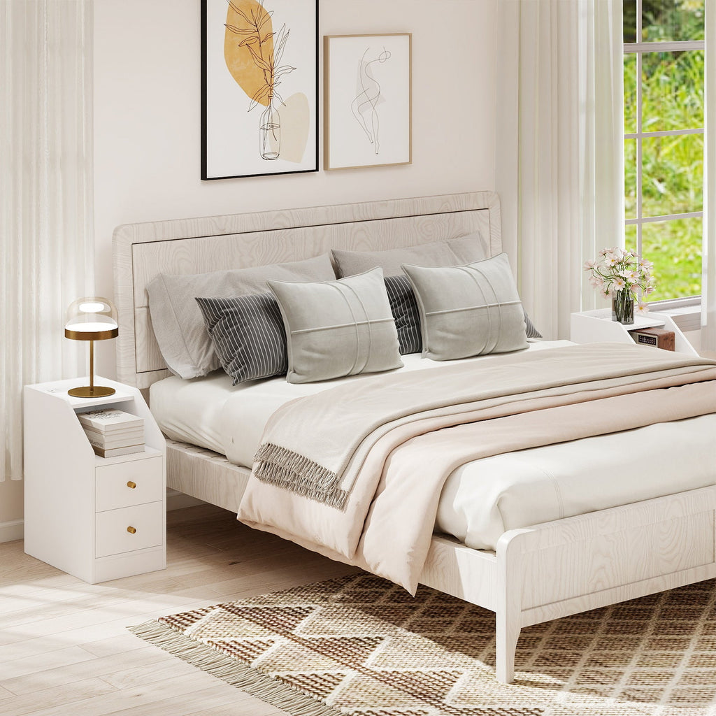 Side End Table with Charging Station Sofa Couch Table with Shelf Drawers