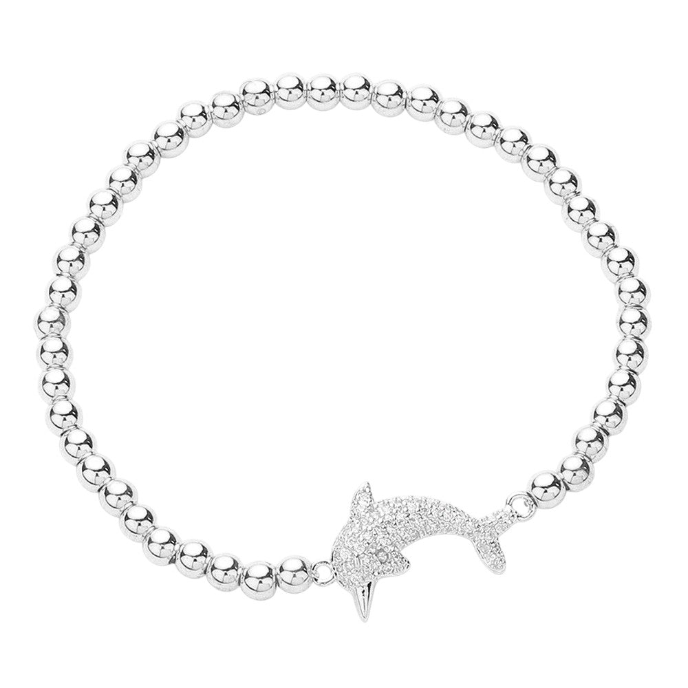 CZ Stone Paved Dolphin Stainless Steel Ball Stretch Bracelet